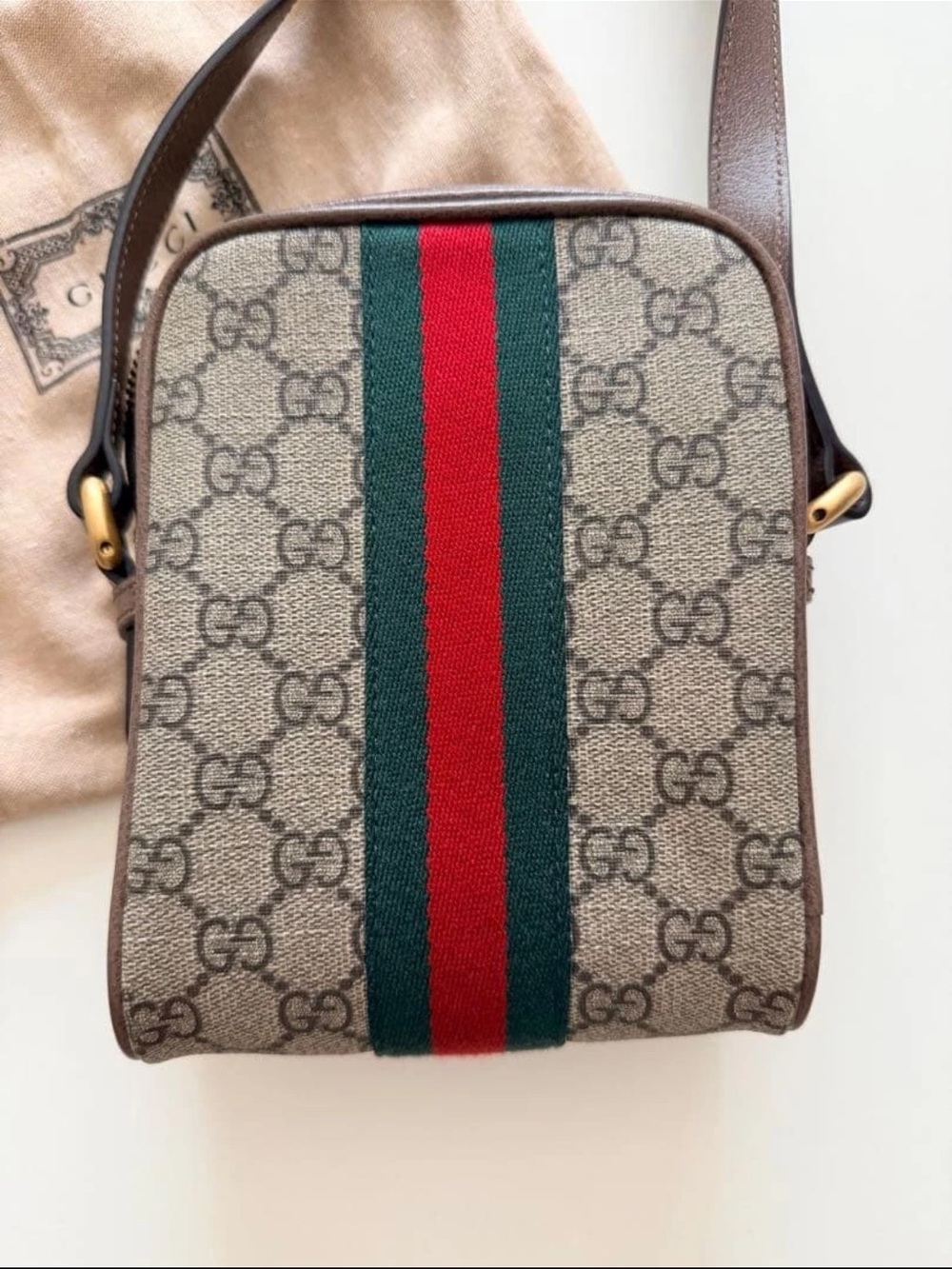 Gucci Brown GG Supreme Crossbody Bag with Web Stripe - Picture 2 of 6